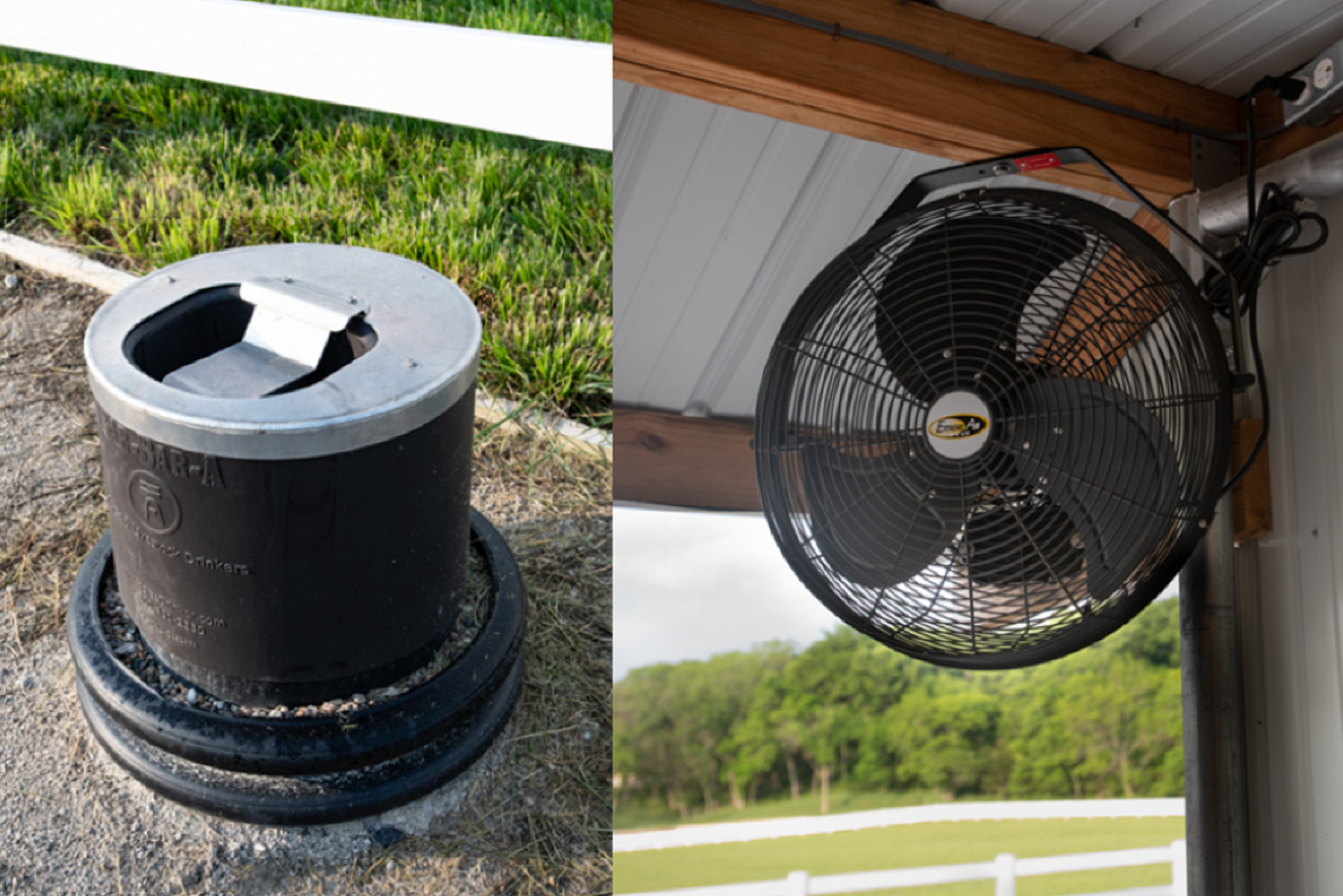 Waterers and fans at Hidden Timber Farm horse pasture boarding